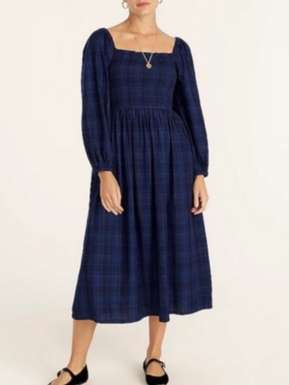 J crew 100% cotton indigo tartan plaid puff sleeve smocked midi dress sz m - Picture 2 of 9